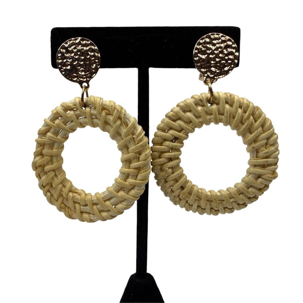 Gold Tone Hammered Disc Boho Rattan Woven Hoop Clip-On Earrings Statement 2.5"